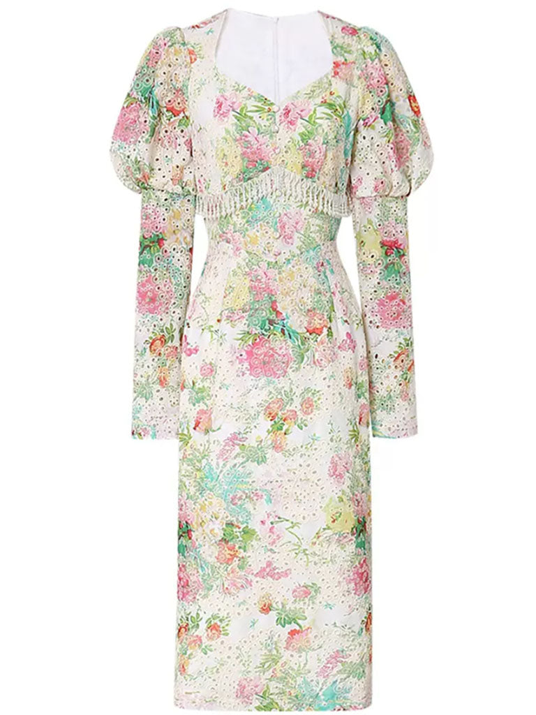 White 1960S Vintage Floral Printed Pearl Puff Sleeve Bodycon Dress
