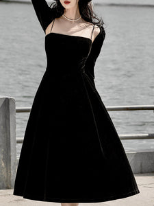 2PS Black Ballet Spaghetti Strap 1950S Vintage Little Black Dress With Black Long Sleeve Coat