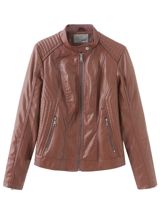 Women‘s Pu Leather Jacket Stand Collar Long Sleeve Coat