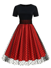 Load image into Gallery viewer, Black Crew Neck Polka Dots Embroidered Short Sleeve 50S Swing Dress
