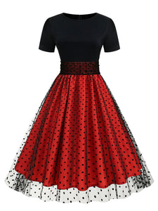 Black Crew Neck Polka Dots Embroidered Short Sleeve 50S Swing Dress