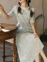 Load image into Gallery viewer, Baby Green Bow Butterfly Collar Puffed Sleeves Embroidered 50S Dress