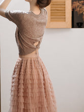 Load image into Gallery viewer, 2PS Brown Backless Knitted Sweater And Swing Mesh Fairy Skirt Dress Set