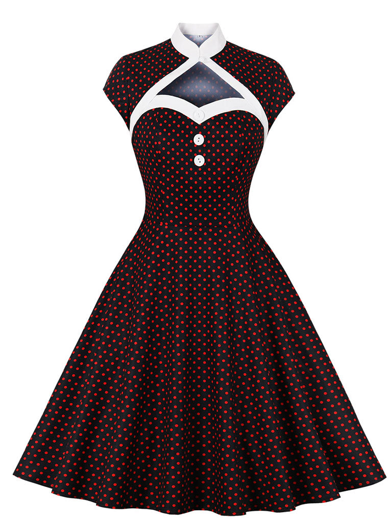 Polka Dots Fake Two Piece Shawl 1950S Swing Dress