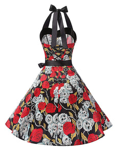 Halloween Rose Skull Printed Vintage Dress