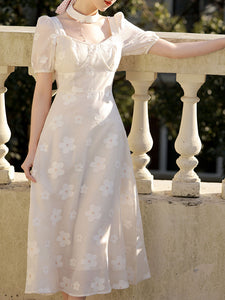White Daisy Pearl Puff Sleeves 50S Vintage Dress