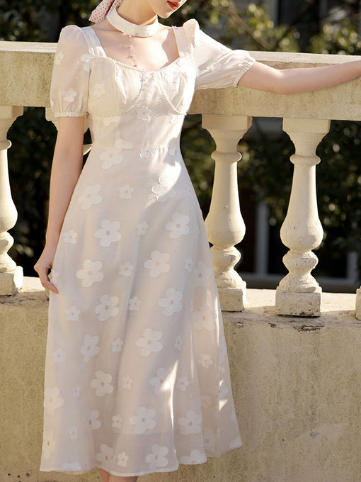 White Daisy Pearl Puff Sleeves 50S Vintage Dress