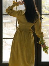Load image into Gallery viewer, Yellow Scarf Collar Daisy Corduroy Vintage Dress