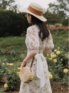 Floral Embroidered Lace Puffed Sleeve Chiffion Vintage Dress With Belt