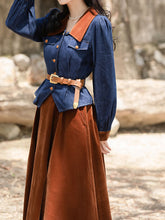Load image into Gallery viewer, 2PS Denim Coat With Brown Velvet Swing Skirt 1950S Vintage Audrey Hepburn&#39;s Style Outfits