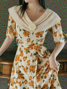 Orange Rose Print Off Shoulder Short Sleeves 50S Chiffon Dress