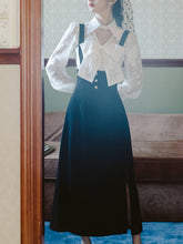 Load image into Gallery viewer, White Big Bowknot Flower Flocking Top With Black Strap Dress Set