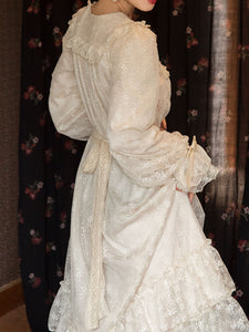 Champagne Ruffles Puff Sleeve Lace Vintage Victorian Dress