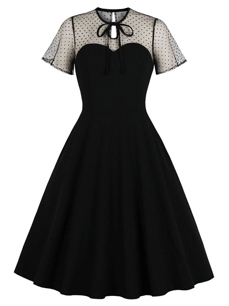 With Pocket Semi-Sheer A Line Black 50S Dress