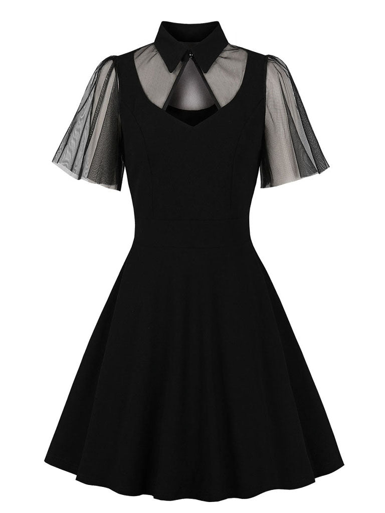 Black Tailored Collar Semi-sheer Short Sleeve Dress, Black / XXL