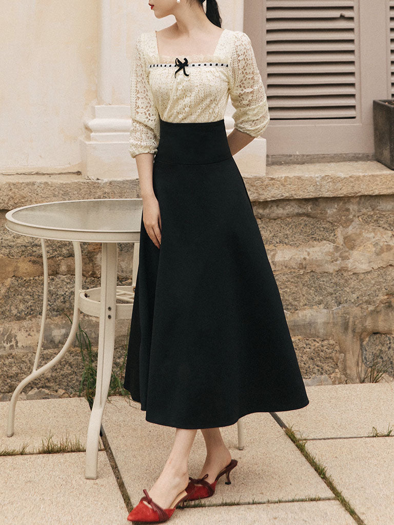 2PS White Lace Top And Black Skrit Dress Suit Jolly Vintage 2PS White Lace Top And Black Skrit Dress Suit Jolly Vintage