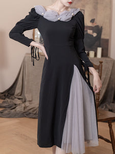 Black Empire Style Long Sleeve With Pearl Vintage Dress For Women
