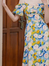 Load image into Gallery viewer, Yellow And Blue Floral Print Off Shoulder 1950S Dress