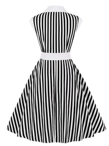Beetlejuice Costume Black and White Vertical Stripe Swing Dress With Tie