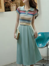 Load image into Gallery viewer, 2PS Green Stripe Knitted Lapel Shirt And Swing Skirt Dress Set