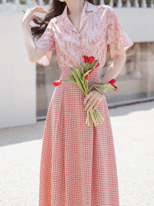 2PS Pink Floral Print Shirt And Plaid Swing Skirt Dress Set