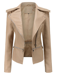 Cool Girl Coat Long Sleeve PU Leather Motorcycle Jacket With Detachable Hem