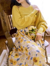 Load image into Gallery viewer, 3PS Yellow Vest And Shawl SunFlowers Print 1950S Vintage Dress Set
