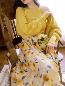 3PS Yellow Vest And Shawl SunFlowers Print 1950S Vintage Dress Set