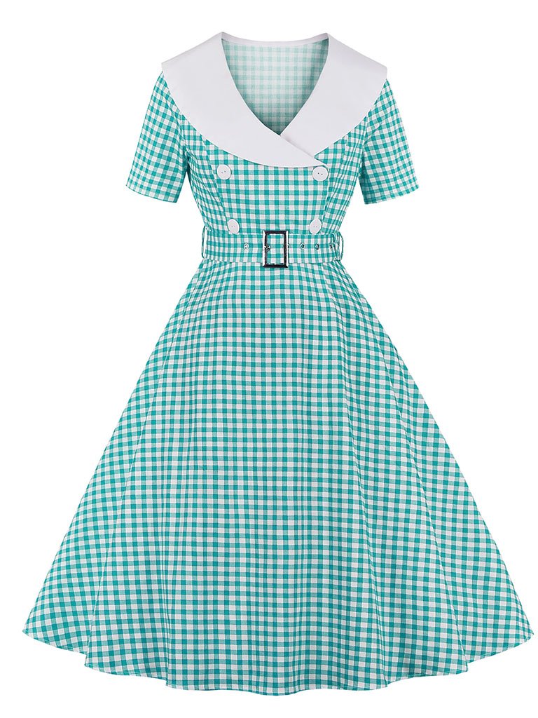 Sailor Collar 1950S Vintage plaid Swing Dress
