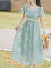 Load image into Gallery viewer, Green Square Collar Puff Sleeve Summer 1950S Flower Vintage Dress