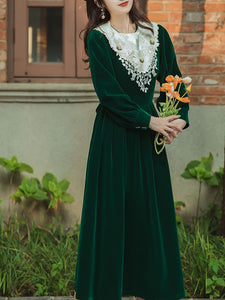 Emerald Green Flower Lace Velvet Long Sleeve Vintage Dress