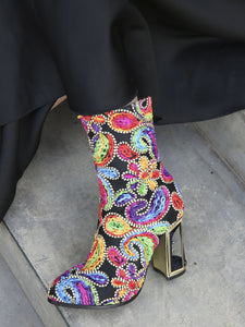 10CM Luxury Embroidered Chunky High Heel Platform Bootie Vintage Shoes