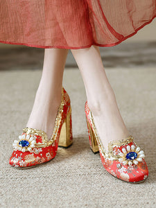 10CM Luxury Pearls And Diamonds Chunky Heels Retro Shoes