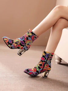 7CM Luxury Embroidered Chunky High Heel Platform Bootie Vintage Shoes