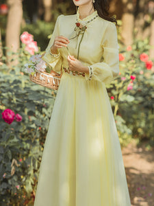 Yellow Flower Embroidered Puff Long Sleeve Edwardian Revival Dress