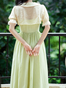 2PS White Cape With Green Spaghetti Strap 1950S Dress Set