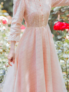 Pink Embroidered Puff Long Sleeve Edwardian Revival Dress