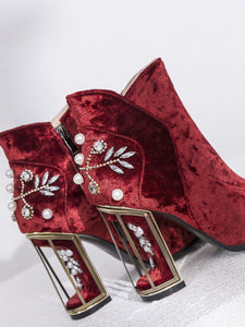 9CM Luxury Pearls And Diamonds Flowers Chunky High Heel Bootie Vintage Shoes