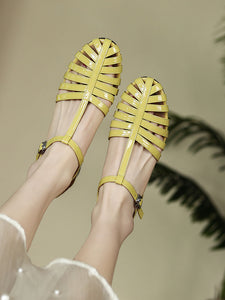 Women's Flats Sandals Pointed Toe Hollow Belt Leather Vintage Shoes