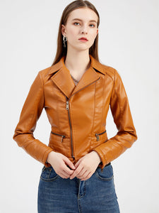 Crop Coat Long Sleeve PU Leather Motorcycle Jacket For Women