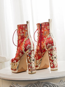 15CM Luxury Embroidered Chunky High Heel Platform Bootie Vintage Shoes