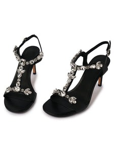 Women's Stiletto Heel Sandals Round Toe Bling Leather Vintage Shoes