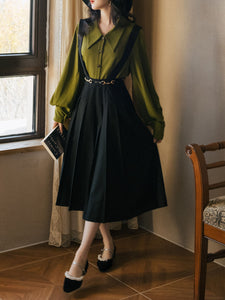 2PS Dark Green Shirt And Black Swing Strap Dress 1950S Dresss Set