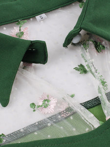 Dark Green Turn Down Flower Embroidered Semi-Sheer 1950S Vintage Dress