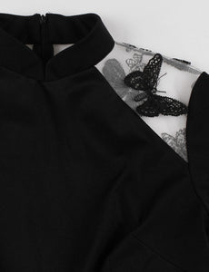 Black Semi Sheer Butterfly Short Sleeve 1950S Vintage Bodycon Dress