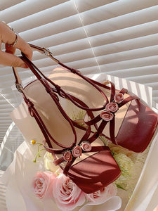 Women's Low Heel Sandals Square Toe Rose Leather Vintage Shoes
