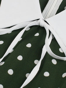 1950s Dark Green Polka Dots Puff Sleeve Vintage Dress