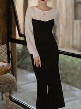 Load image into Gallery viewer, Black and White Split Long Sleeve Retro Knit Sweater Dress