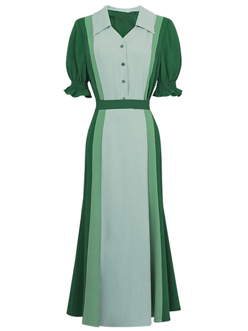 Green 2PS Retro Short Sleeve Shirt Pleated Skirt Suits