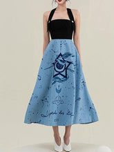 Load image into Gallery viewer, Black Halter Fake Two Piece Design With Blue Star Swing Dress